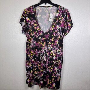 Lands' End Women's Floral V Neck Short Sleeve Dress Black Pink Yellow White M